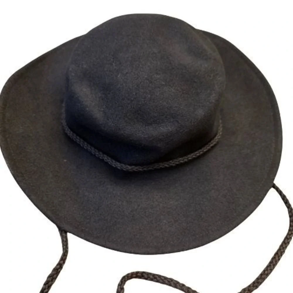Arlin Vintage Black 100% Wool Wide Brim Felt Hat Chin‎ Strap Sombrero Cowboy USA